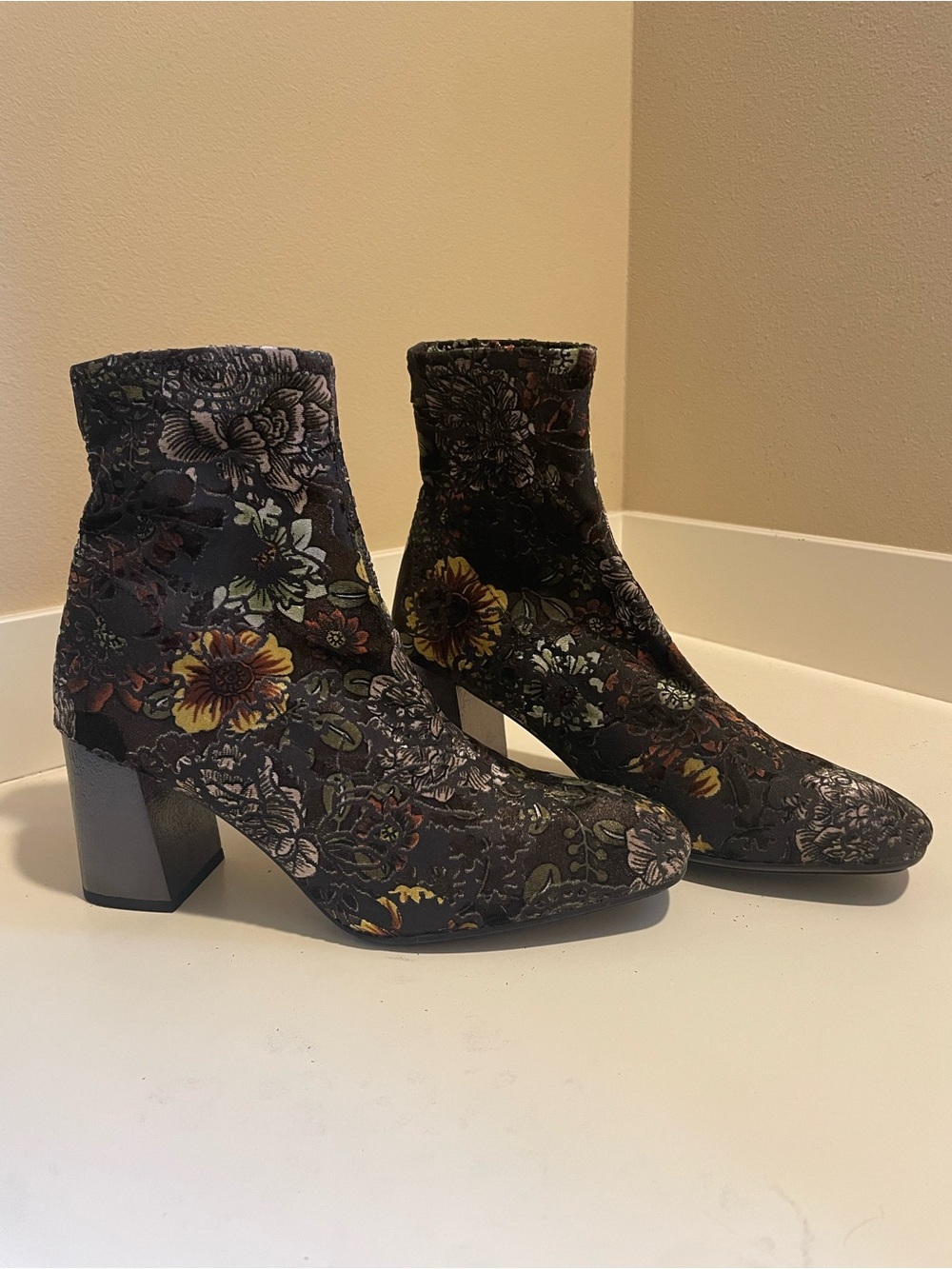 Floral Velvet Block Heel Ankle Boots - Black Floral